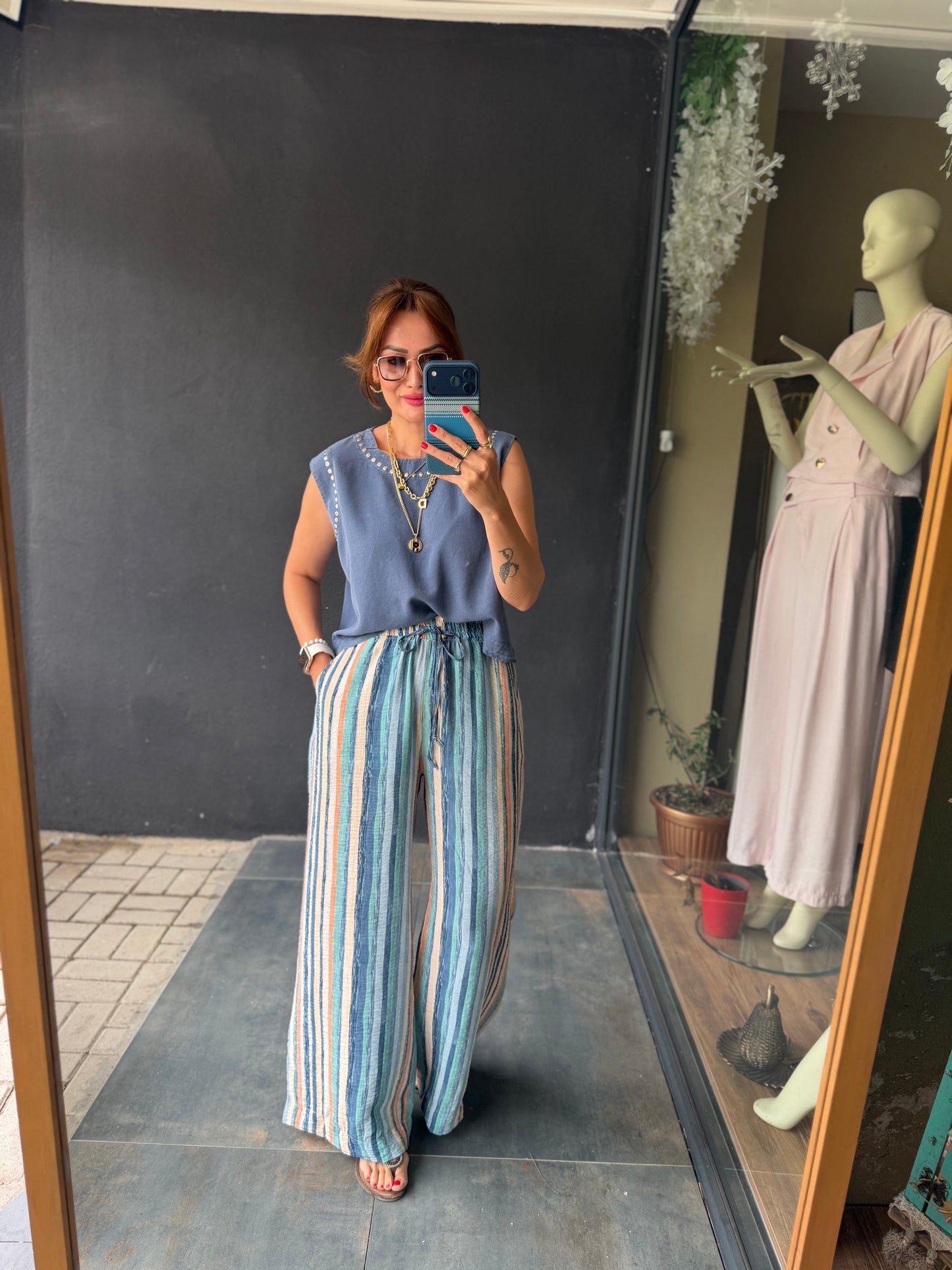Sahara Mavi Çizgili Bol Paça Pantolon & Bluz Takım