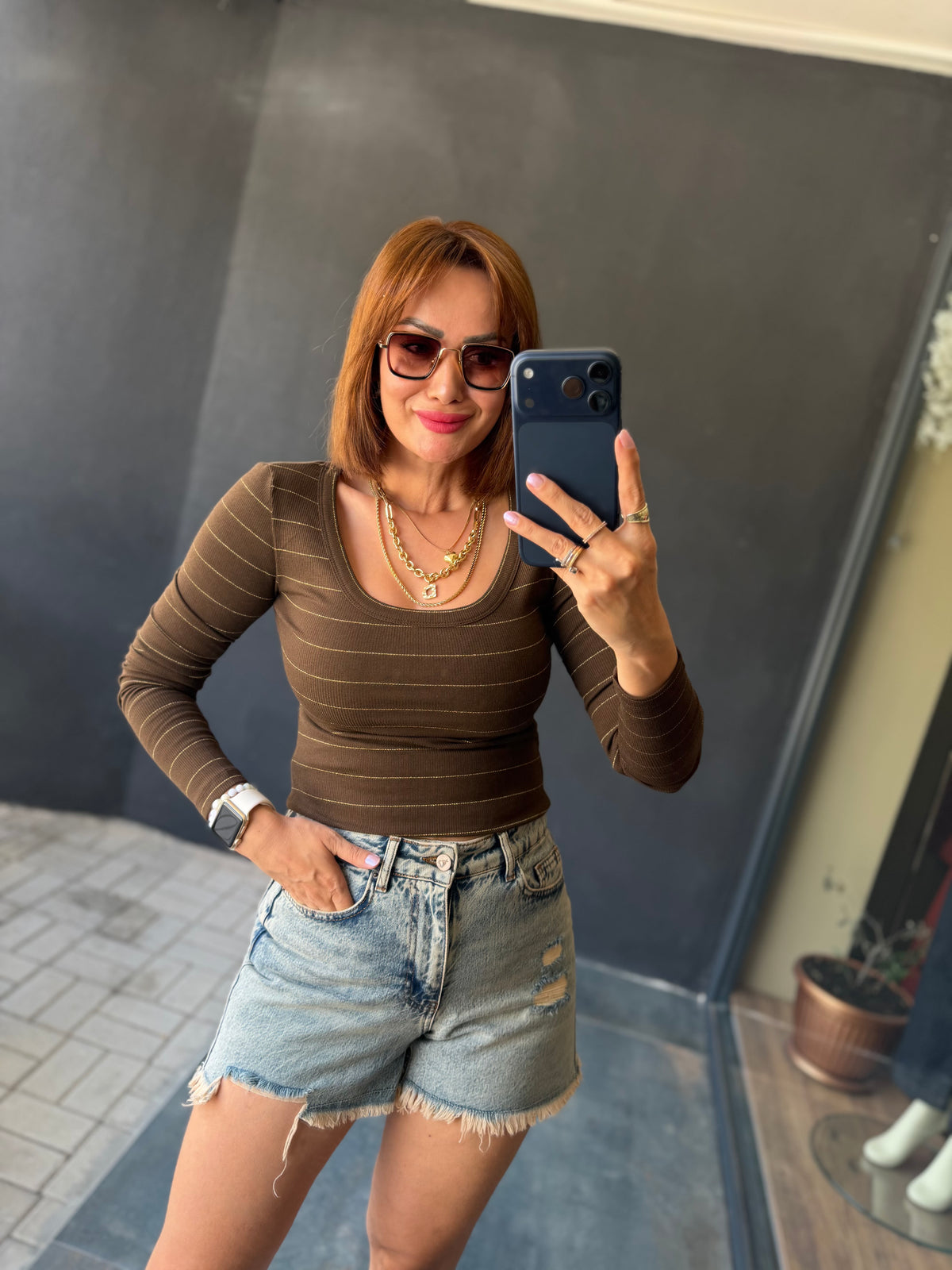 Norevia Kahve Çizgili U Yaka Body