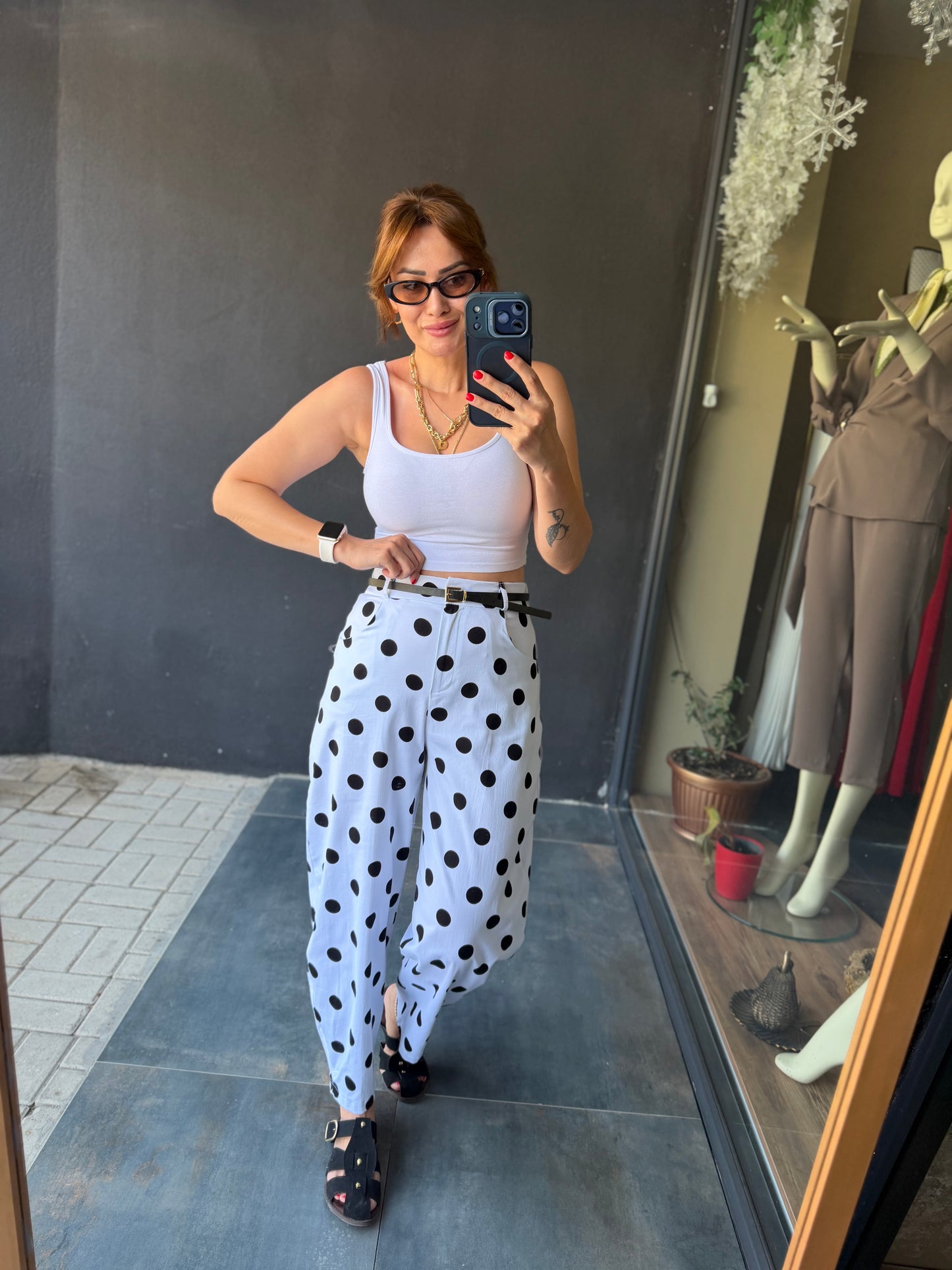 Puantiyeli Siyah Baggy Pantolon