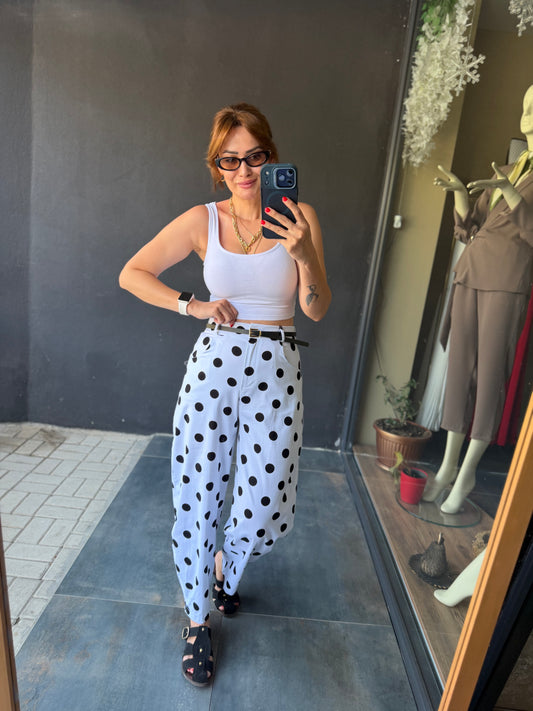 Puantiyeli Siyah Baggy Pantolon