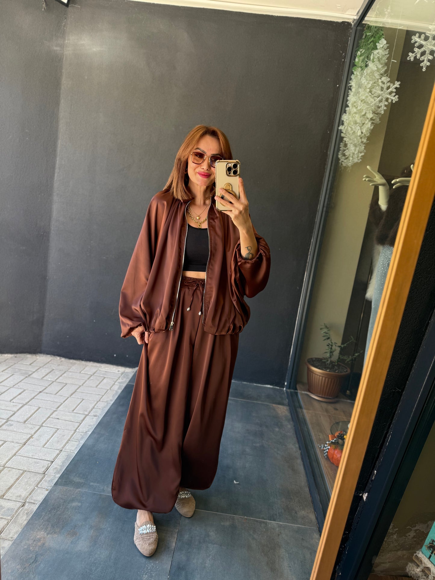 Cardinal Kahve Saten Bomber Takım