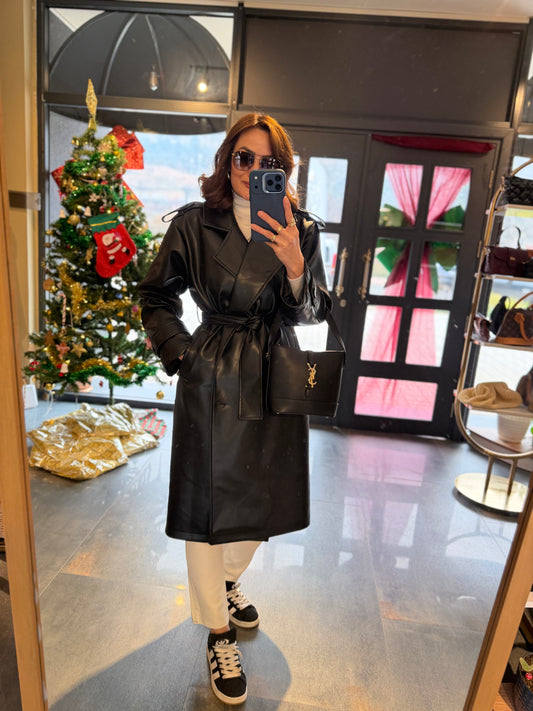 Glam Siyah Deri Trench