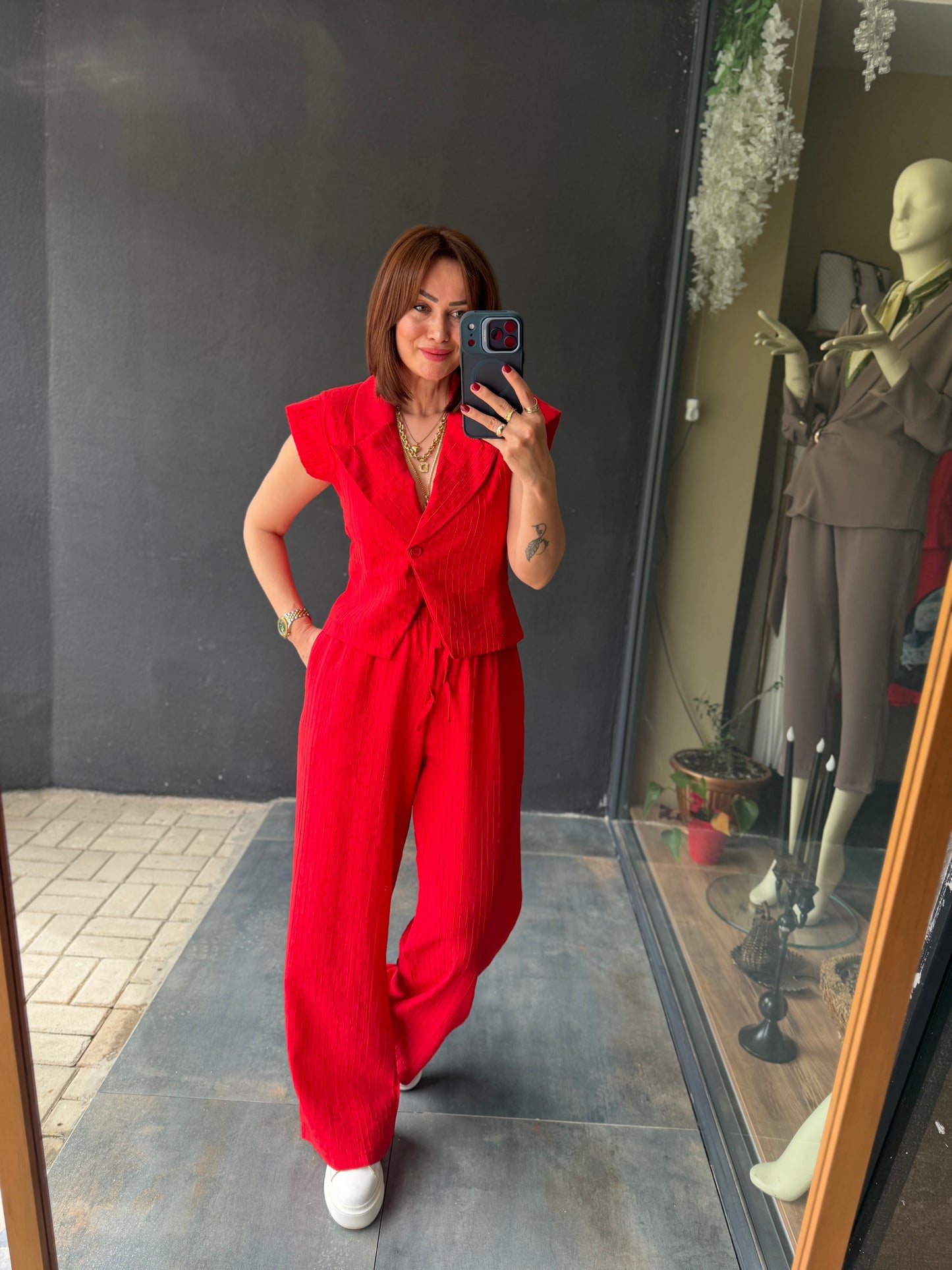 Jena Kırmızı Yelek & Pantolon Takım