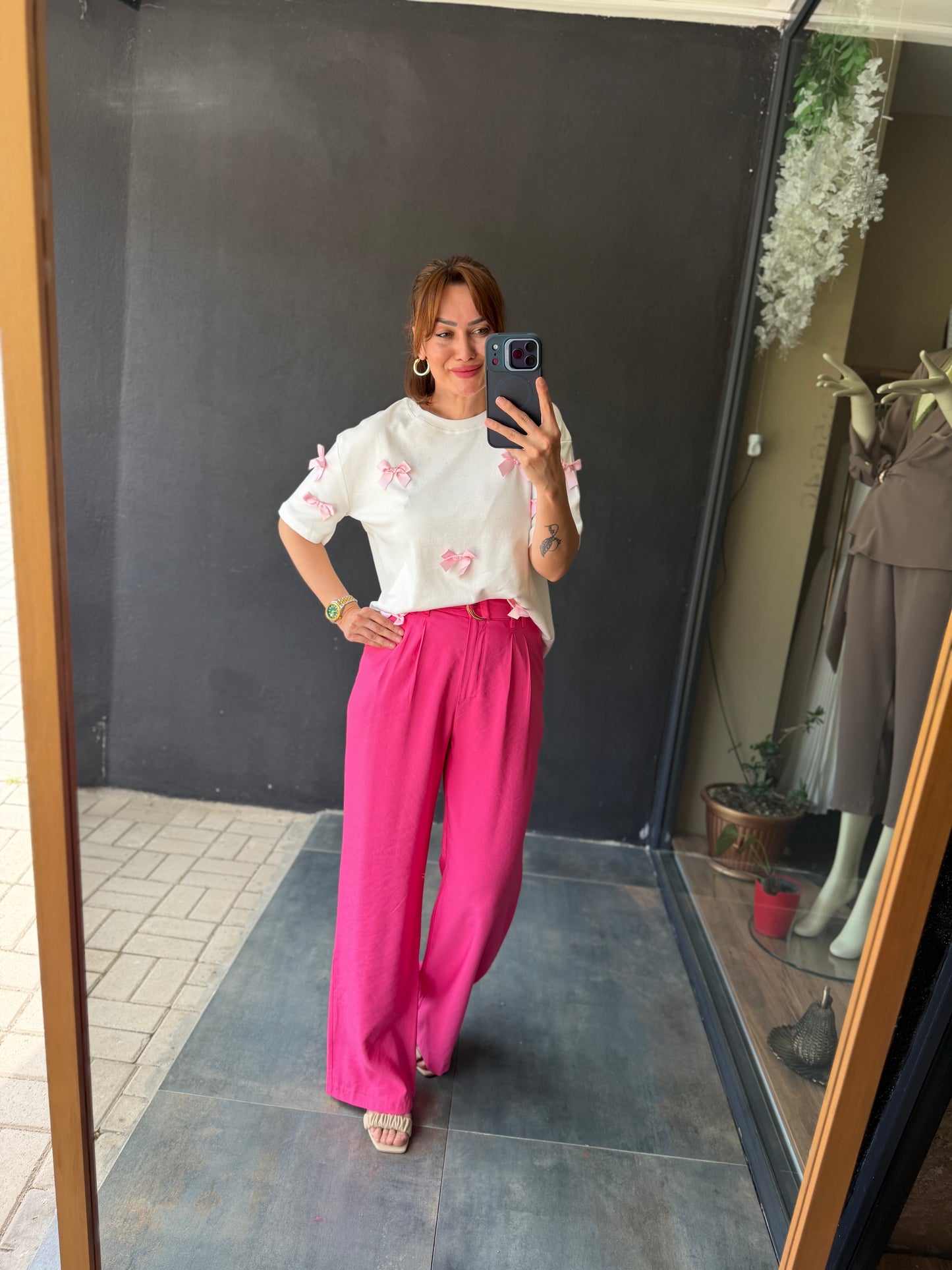 Pembe Palazzo Pantolon /Tshirt Kombin
