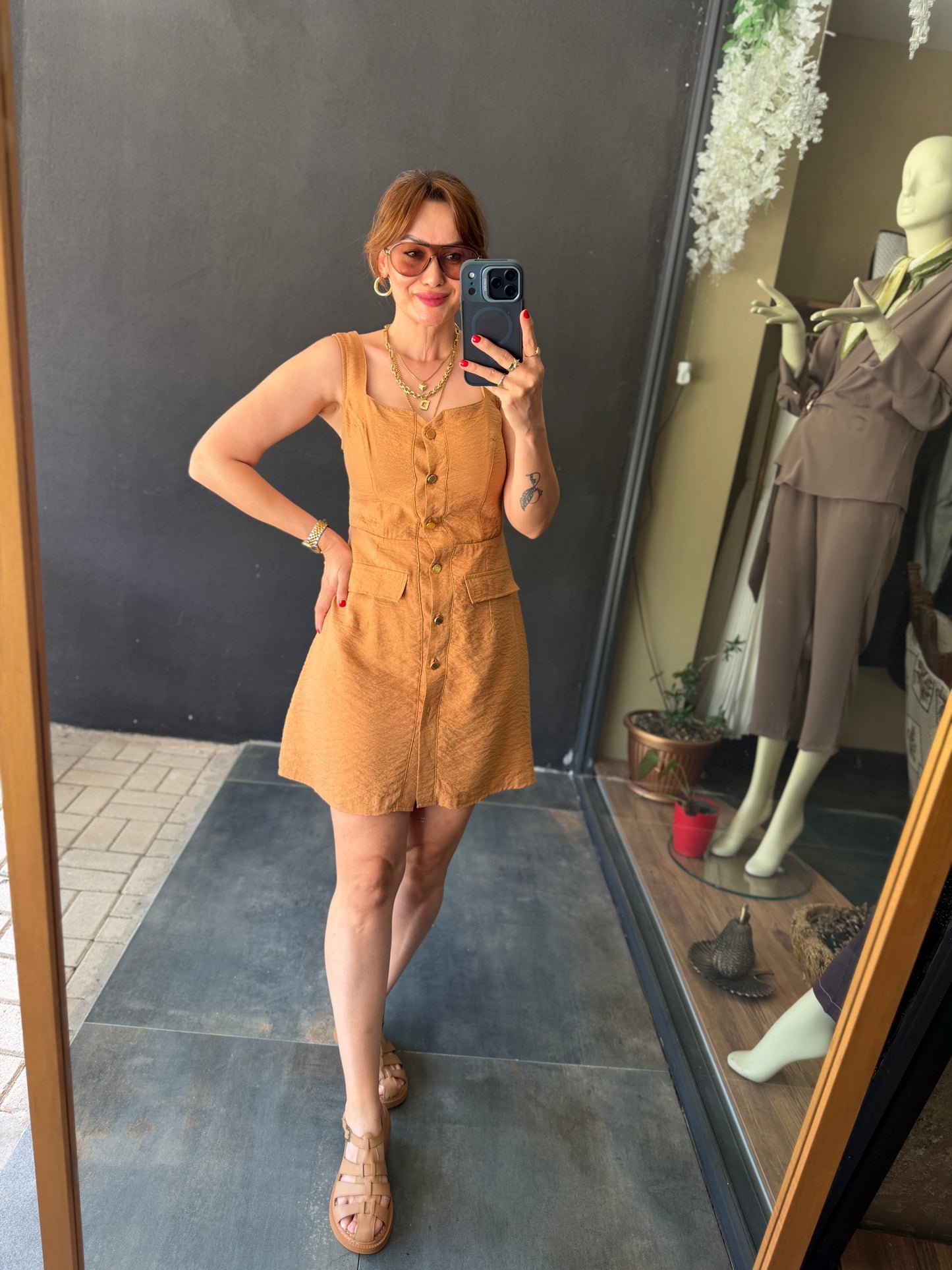 Camel Mini Gold Düğmeli Elbise