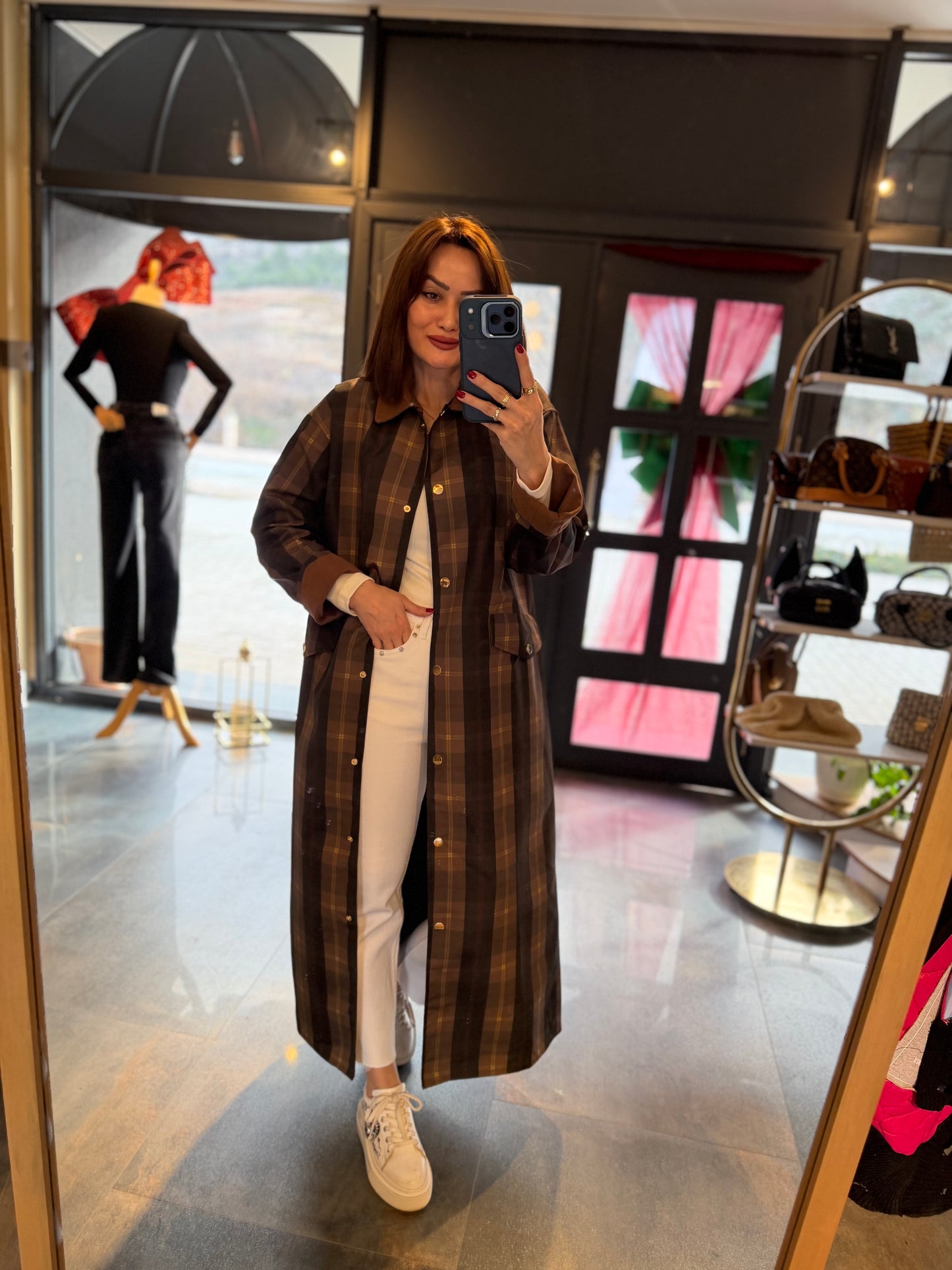 Mesli Kareli Su Geçirmez Trench