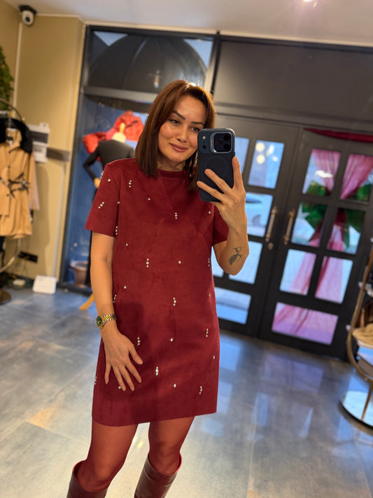 Moss Bordo Süet Taş Detay Elbise