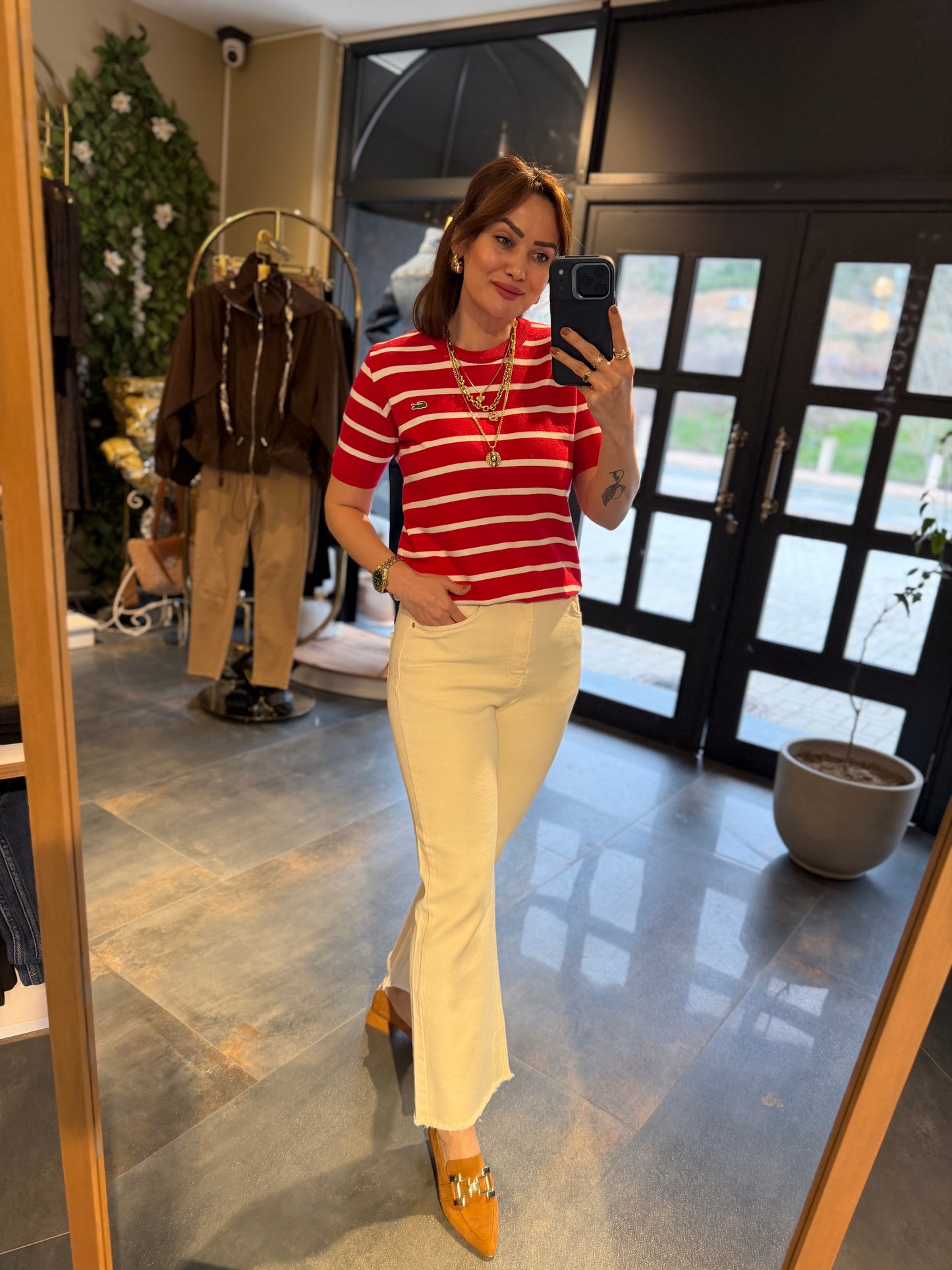 Misse Kırmızı / Beyaz Triko Dokulu T-Shirt