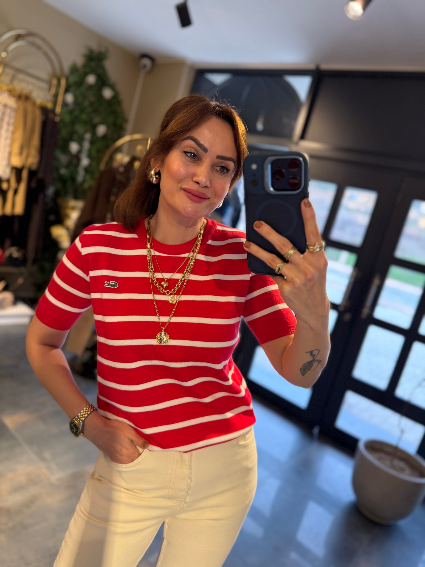 Misse Kırmızı / Beyaz Triko Dokulu T-Shirt