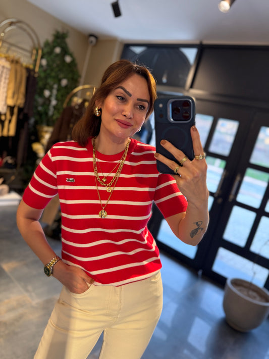 Misse Kırmızı / Beyaz Triko Dokulu T-Shirt