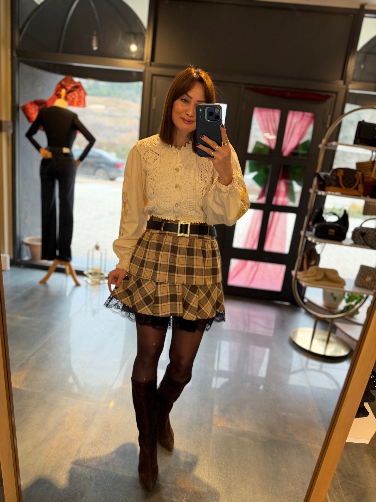 Livin Kahve Kareli Etek