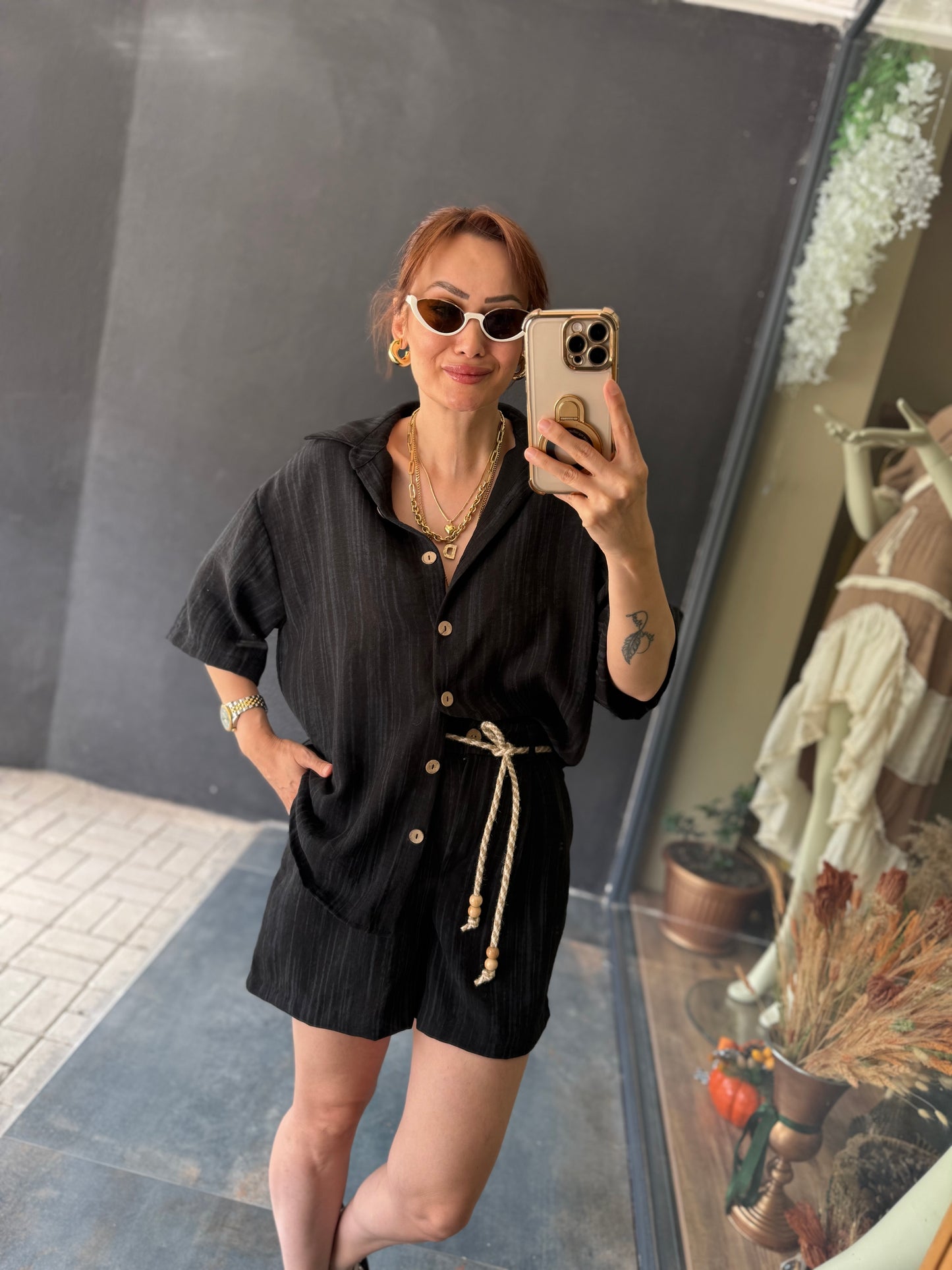 Bandido Siyah Keten Şort Takım