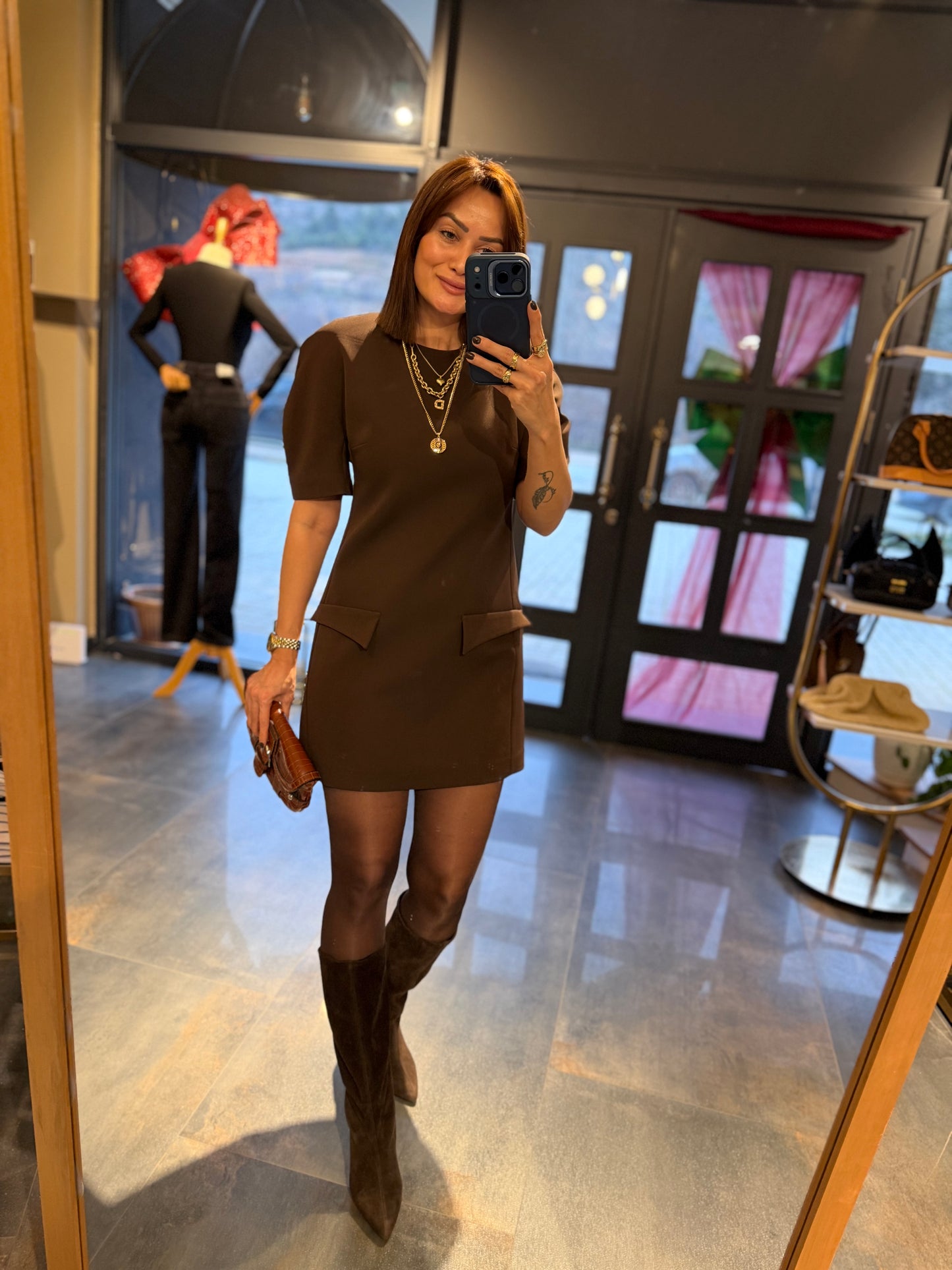 Moss Kahve Cep Detaylı Vatkalı Elbise