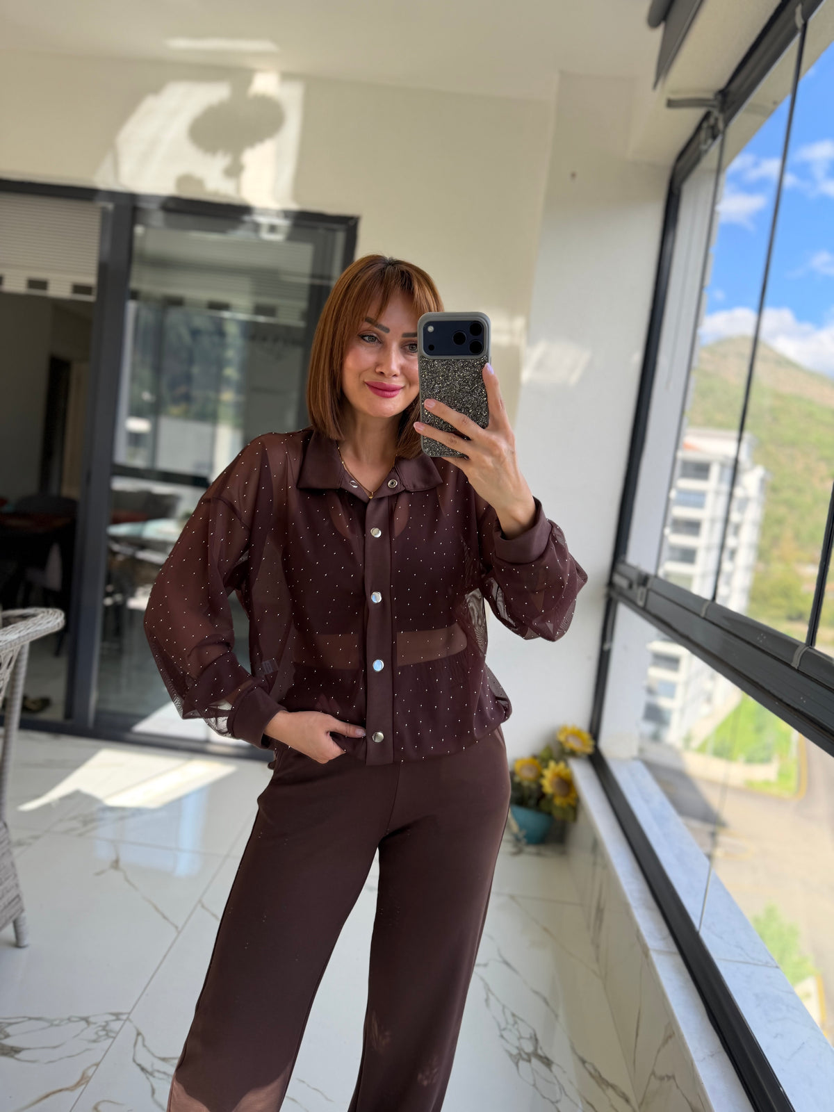 Vezarya Taş Detaylı Kahve İkili Takım