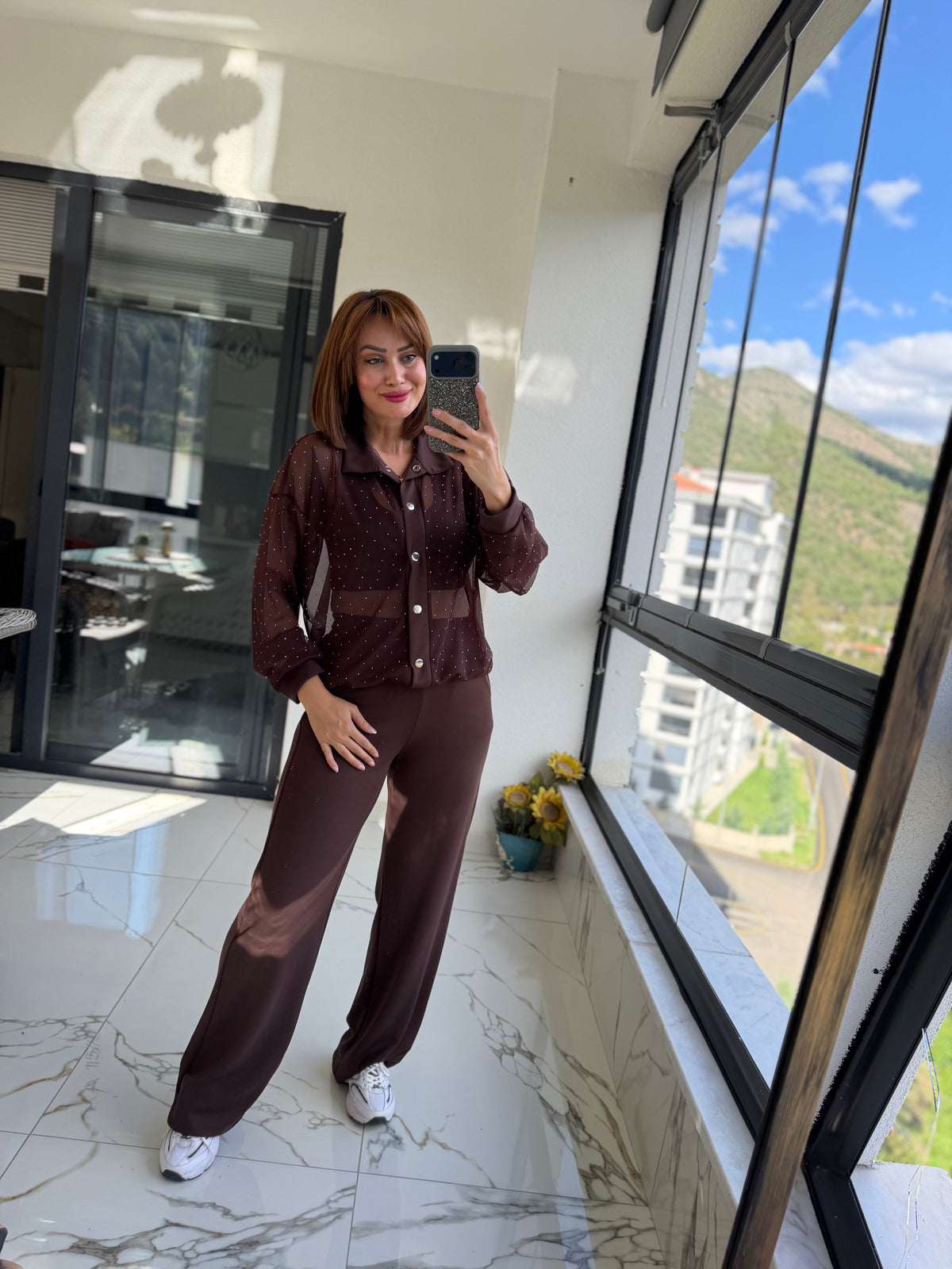 Vezarya Taş Detaylı Kahve İkili Takım