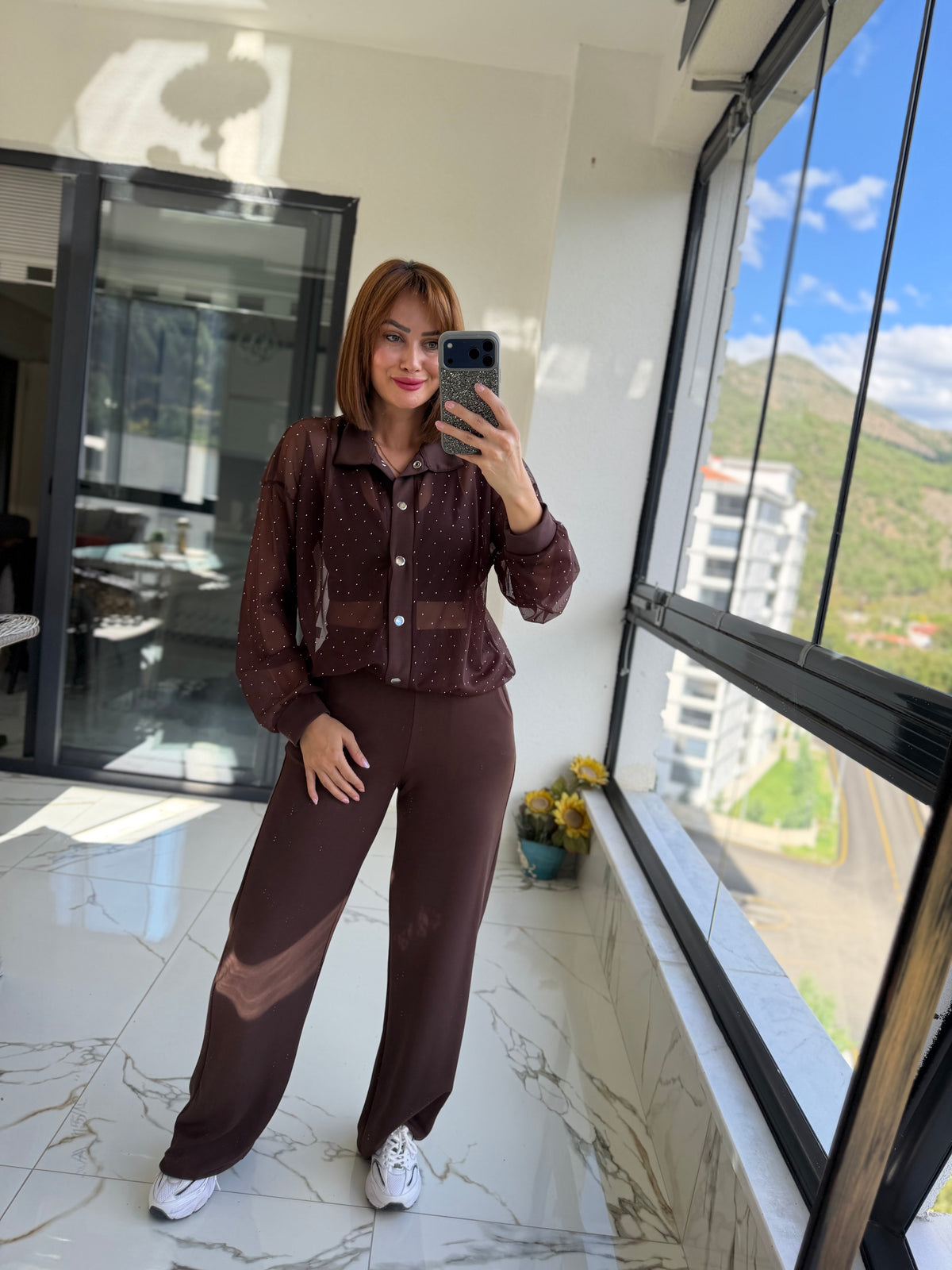 Vezarya Taş Detaylı Kahve İkili Takım